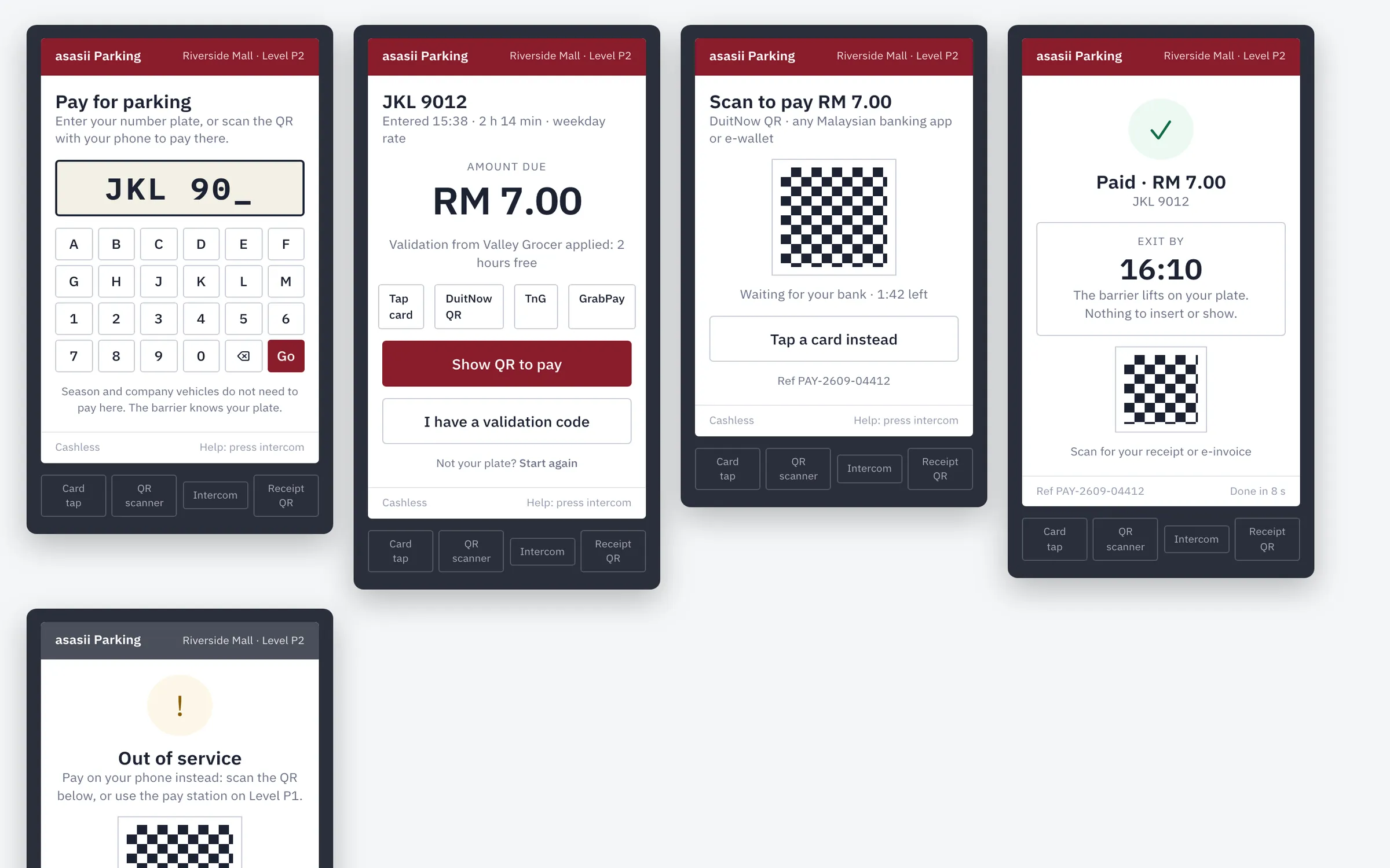 Pay station: enter the plate or scan the QR, see the amount, pay by card or QR.